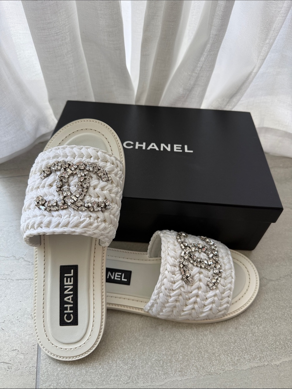 CHANEL White Braided Crystal CC Slide Sandals